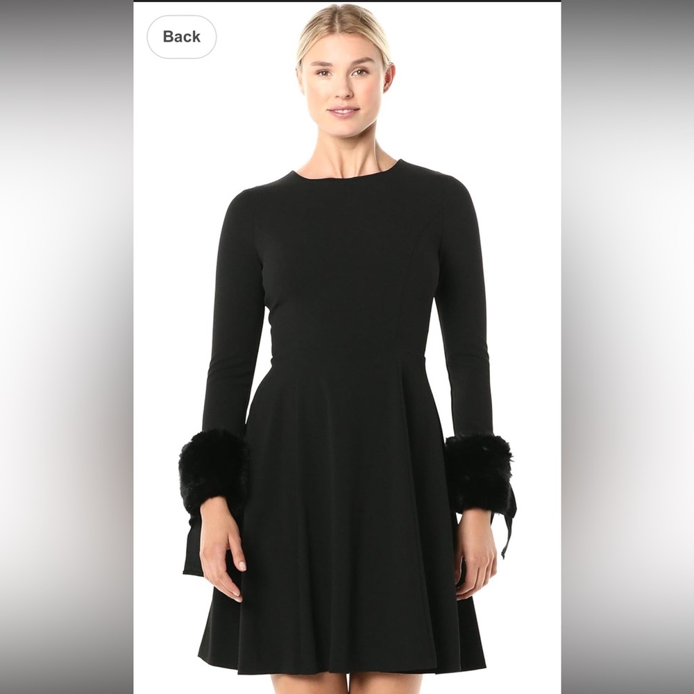 Calvin Klein Women's Long Sleeve Fit and Flare Dress with Faux Fur Trim
